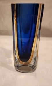 Murano Sommerso Blue & Amber Faceted 8" Art Glass Vase Mid-Century Modern MCM VG - Picture 1 of 7