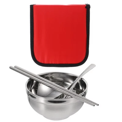 1 Satz tragbarer Essstäbchen und Löffel Edelstahlschalen mit Aufbewahrungsbeutel - Bild 1 von 4