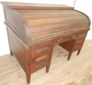 Antique 60" Oak Roll Top Large Desk double pedestal with cubbies Tiger Oak - Picture 1 of 24