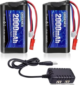 URGENEX 2000mAh 7.4 V Li-ion Battery with JST T Plug 2S Rechargeable RC Battery - Picture 1 of 7