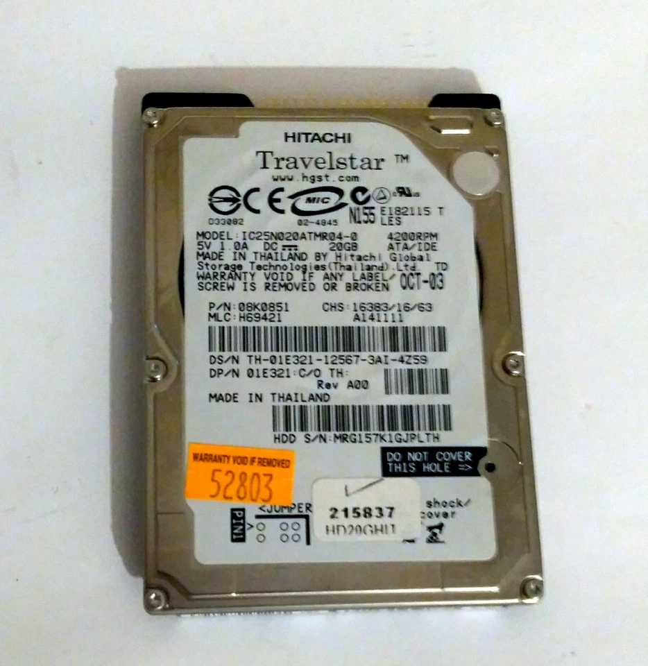 Hitachi 08K0632 IC25N020ATMR04-0 20GB IDE 4200 RPM 2.5" Hard Drive TESTED GOOD - Image 1 of 1