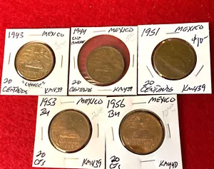 SCARCE 5 DIFFERENT DATES MEXICO 20 CENTAVOS COINS - Picture 1 of 2