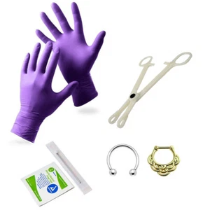 Septum Piercing Kit - 6-Piece Kit 16ga Horseshoe, Needle, Forceps + Clicker - Picture 1 of 3
