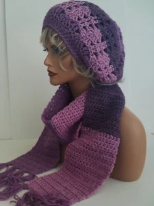 NEW PURPLE MULTI RASTA HAT AND SCARF SET BERET CLOCHE BAGGY SLOUCHY TAM HIPPIE - Picture 1 of 8
