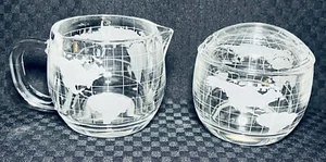 Nescafe Nestle Etched Glass World Globe Sugar Bowl With Lid & Creamer 1970s - Picture 1 of 5