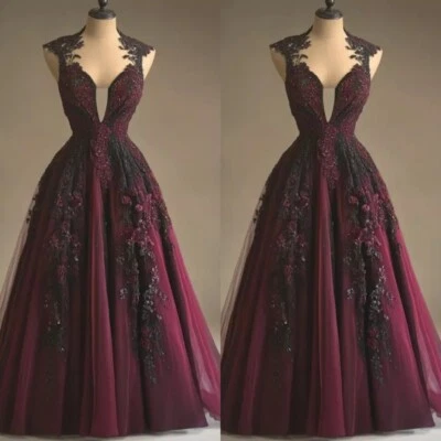 Burgundy Black Wedding Dresses Gothic Beading Lace Appliques V Neck Bridal Gowns - Image 1 of 4