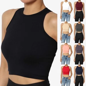 Junior's Sleeveless High Neck Basic Ribbed Seamless Crop Tank Top Workout Casual - Picture 1 of 62
