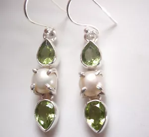 Faceted Peridot and Cultured Pearl 925 Sterling Silver Dangle 3-Gem Earrings - Picture 1 of 2