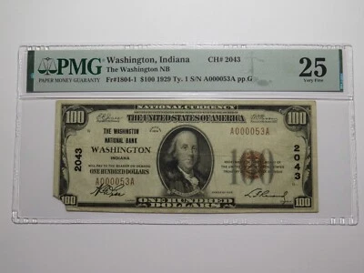 $100 1929 Washington Indiana IN National Currency Bank Note Bill Ch #2043 VF25 - Image 1 of 4