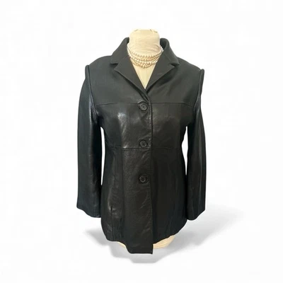 Vintage Jones New York Black Genuine Leather Button-Up Acetate Lined Jacket Sz L - Image 1 of 4