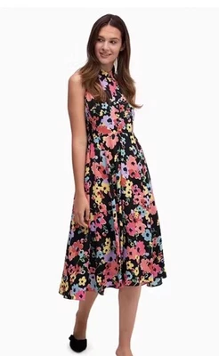 Nuevo Vestido Midi Nuevo con Etiquetas $348 Kate Spade Flor Silvestre Ramo Negro Floral Talla 4 Pequeño Foto 1 de 4