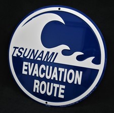 TSUNAMI Evac Route *US MADE* Round Embossed Sign -Man Cave Garage Bar Wall Decor