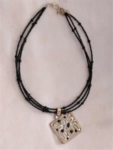 Chico's 925 Silver Abstract Pendant Triple Strand Black Glass Bead Necklace - Picture 1 of 4