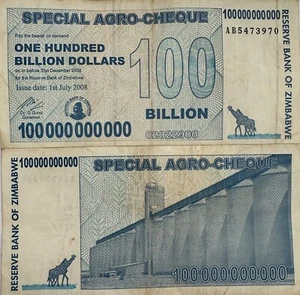ZIMBABWE - 100 BILLION DOLLARS - VF - 2008 - AGRO CHECK - UV PASSED - Picture 1 of 1