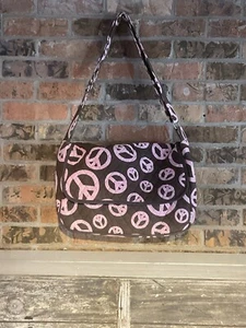 belvah quilted Messenger Bag Brown Pink Polka Dot Peace Signs  - Picture 1 of 7
