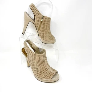 Reba Womens Nude Tan Leather Gold Studded, Side Zip, Peeptoe Heel Size 8 - Picture 1 of 11