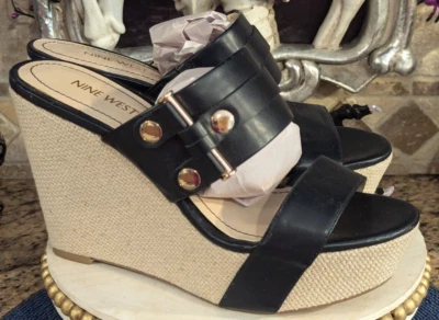 Sandalias de cuña NINE WEST "LARA" azul marino con plataforma dorada sin cordones talla 8,5 M Foto 1 de 4