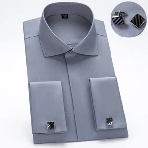 Mens Dress Shirts French Cuff Long Sleeves Formal Business Camisas Shirts Tops - Picture 1 of 10