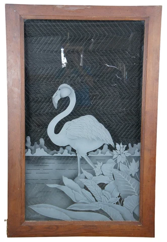 Vintage Jorge Rodriguez Etched Flamingo Art Glass Cabinet Door Window Panel 56" Cover