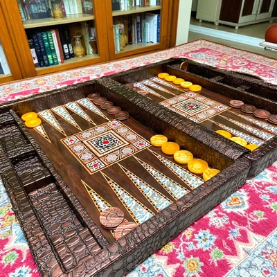 Backgammon Set Crocodile Faux Leather Vintage Handmade Game Board 18.1" 🎁 Idea - Image 1 of 4