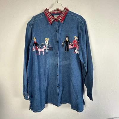 Camisa Bobbie Brooks Mujer Bordada Denim Abotonada con Cuello a Cuadros XL Nueva Foto 1 de 4