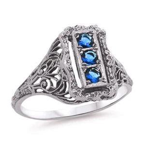 VICTORIAN STYLE 925 STERLING SILVER 3 THREE-STONE SIMULATED SAPPHIRE RING  1142X - Picture 1 of 21