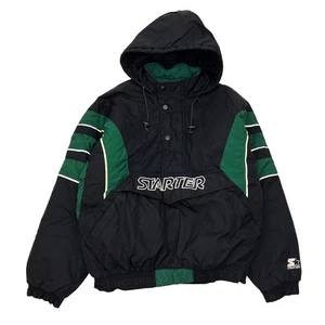 Vintage 90s Starter pull over puffer jacket Hooded Black Green Mens XL X-Large - Picture 1 of 5