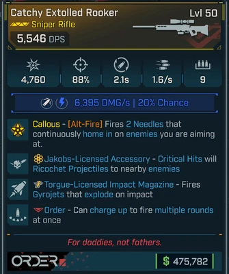 Borderlands 4 OP⭐CATCHY  EXTOLLED ROOKER SNIPER⭐JAKOBS⭐TORGUE IMPACT⭐121% CRIT - Image 1 of 2