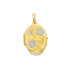 9ct Yellow & White Gold Flower Engraved Oval Locket - 16x23x4mm - Picture 1 of 6