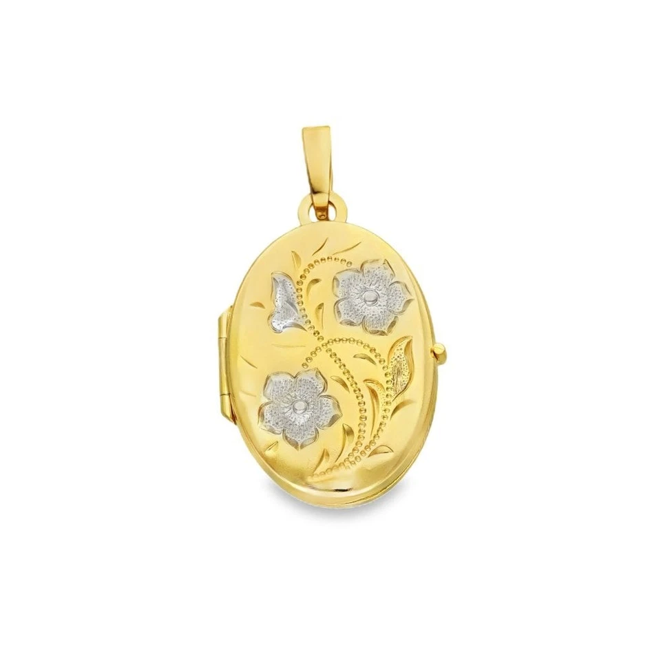 9ct Yellow & White Gold Flower Engraved Oval Locket - 16x23x4mm - Image 1 of 4