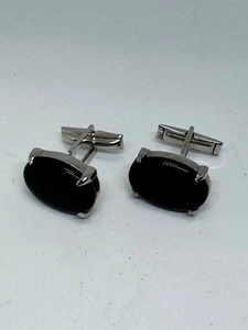 Gemelli ovali in onice nera tono argento 1,5 pollici vintage - Foto 1 di 8