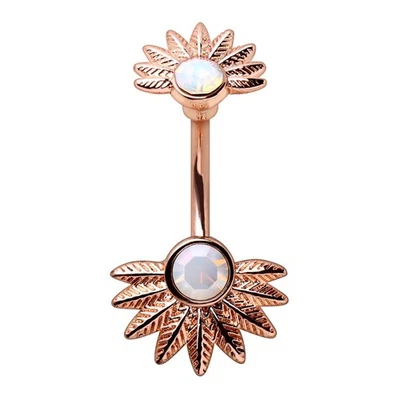 Rose Gold Plated White Synthetic Opal Palm Leaves Navel Rings - Image 1 of 3