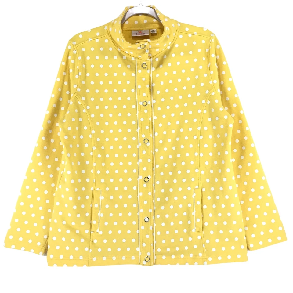 Quacker Factory Knit Jacket Womens M Yellow White Polka Dot 2 Pocket Long Sleeve - Image 1 of 4