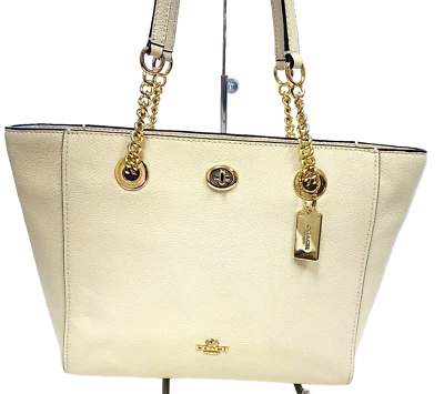 Bolso de Hombro Coach TURNLOCK CADENA TOTE 27 TIZA Cuero Guijarro Blanco NUEVO 57107 Foto 1 de 4