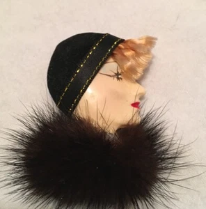 Vintage flapper Celluloid brooch with mink scarf - Picture 1 of 9
