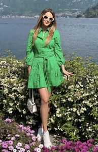 ZARA WOMAN SHORT DRESS WITH CUTWORK EMBROIDERY TIED BELT GREEN 3165/919 SIZE XS