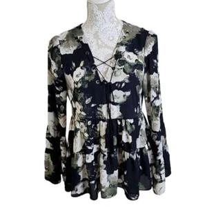 Buddy Love Peplum Top Black Floral Boho Peplum Long Bell Sleeves Women's XS - Picture 1 of 7