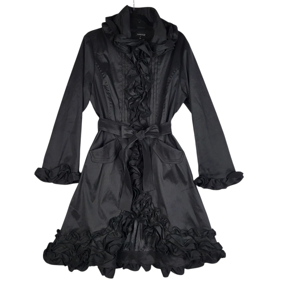 Vestido gabardina Samuel Dong con volantes talla mediana negro con cinturón cremallera completa tafetán Foto 1 de 4