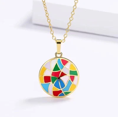Многоцветная эмаль геометрический узор круглый кулон ожерелье ретро 18k золото пластина - Изображение 1 из 3