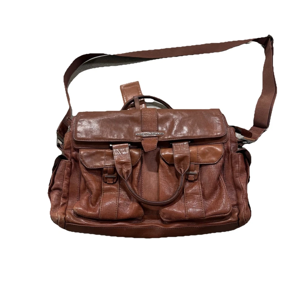 Piquadro Hombre Cuero Bolso Mensajero Maletín Forrado Cuero Marrón Cartera Foto 1 de 4