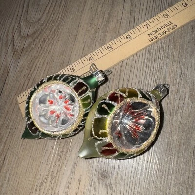 2 Vintage shiny large Indent Christmas Ornaments reflector teardrop glitter - Image 1 of 4