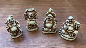 Set of 4 Different Small Buddha Statues/Figures, Polymer Looks Like Carved Bone - Picture 1 of 4