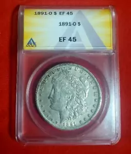 1891-O ANACS EF 45 Morgan Silver Dollar -Rim Cuds, High Tilted O, doubled ear - Picture 1 of 14