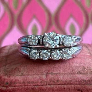 1880s Estate Vintage 2 Ct Round Moissanite Engagement Bridal Ring Set In Silver - Picture 1 of 8