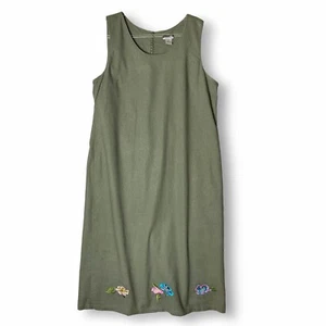 Leslie Fay Linen Blend Dress 2X Embroidered Sleeveless Long Coastal Green - Picture 1 of 10