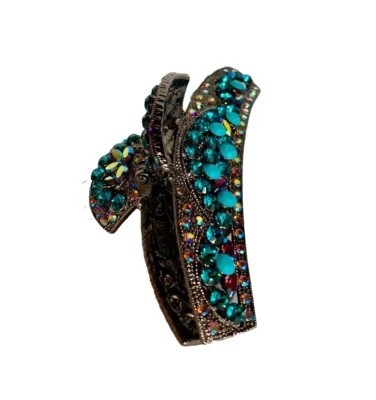 Бирюза, стразы и пушечный металл коготь заколка для волос шикарный 3,25» сделано во Франции - Изображение 1 из 4