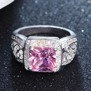 Pink Zircon CZ Women's 10kt White Gold Filled Wedding Hollow Heart Ring Sz 6-10 - Picture 1 of 10