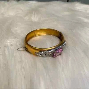 Vintage Art Deco Argentina 18K Gold Plated Bracelet with Pink Glass Stone Center - Picture 1 of 13