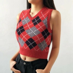 Retro Causal Women's Knitted Vest Waistcoat Tank Crop Top Sleeveless Argyle Top - Picture 1 of 18