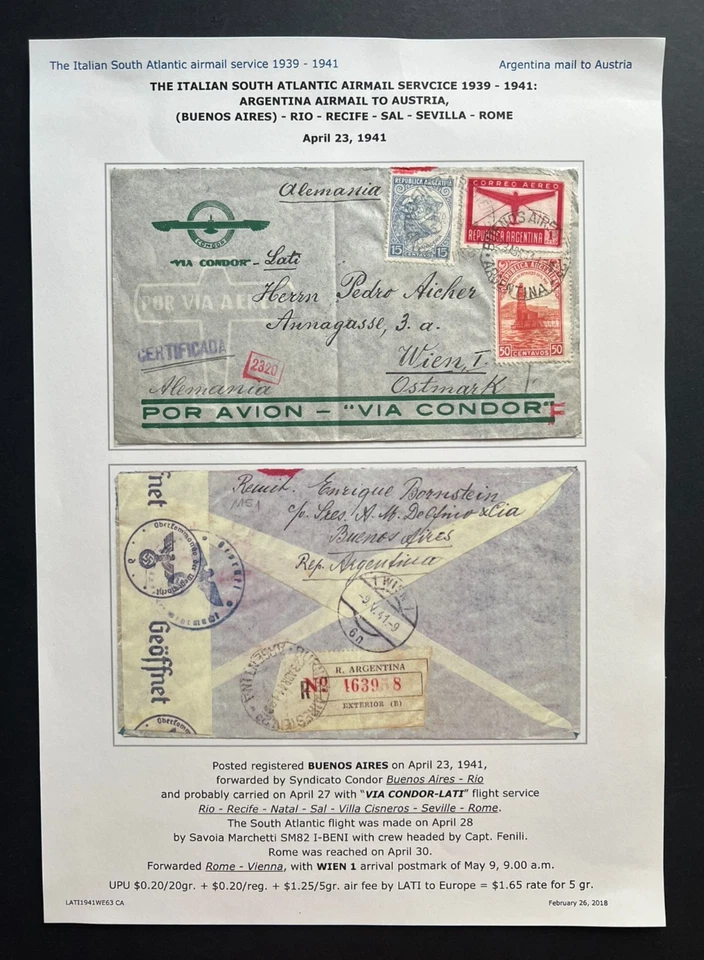 1941 Argentina Cover To Australia Buenos Aries Italian South Atlantic Airmail - image 1 of 2